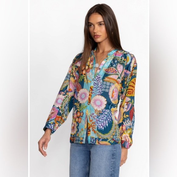 Johnny Was WILD KALANI BLOUSE Blue Floral Silk Button Down Long Sleeve Top - Picture 2 of 7